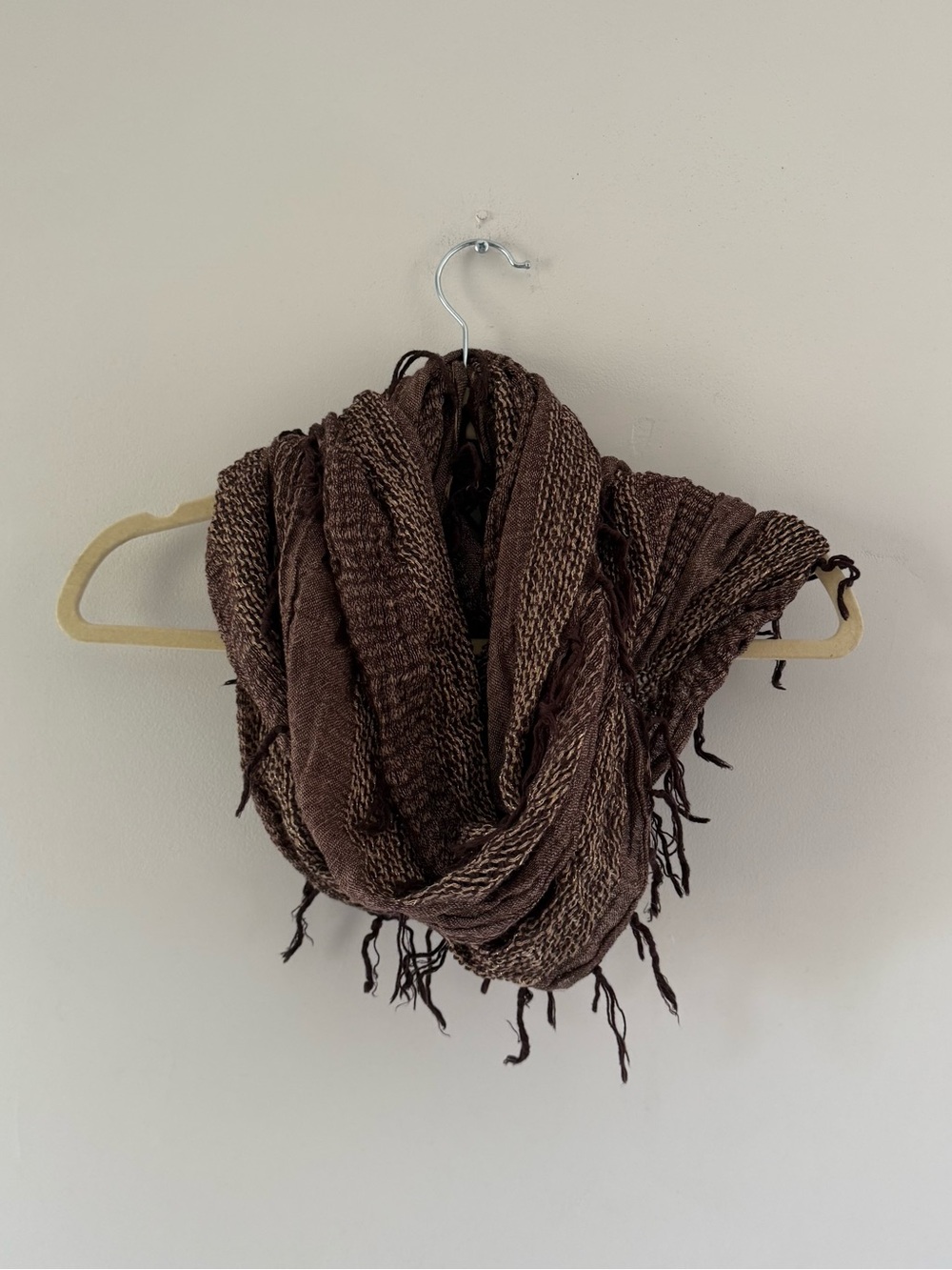 Y2K Brown Metallic Knit Infinity Scarf Fringe Boho Festival Wrap